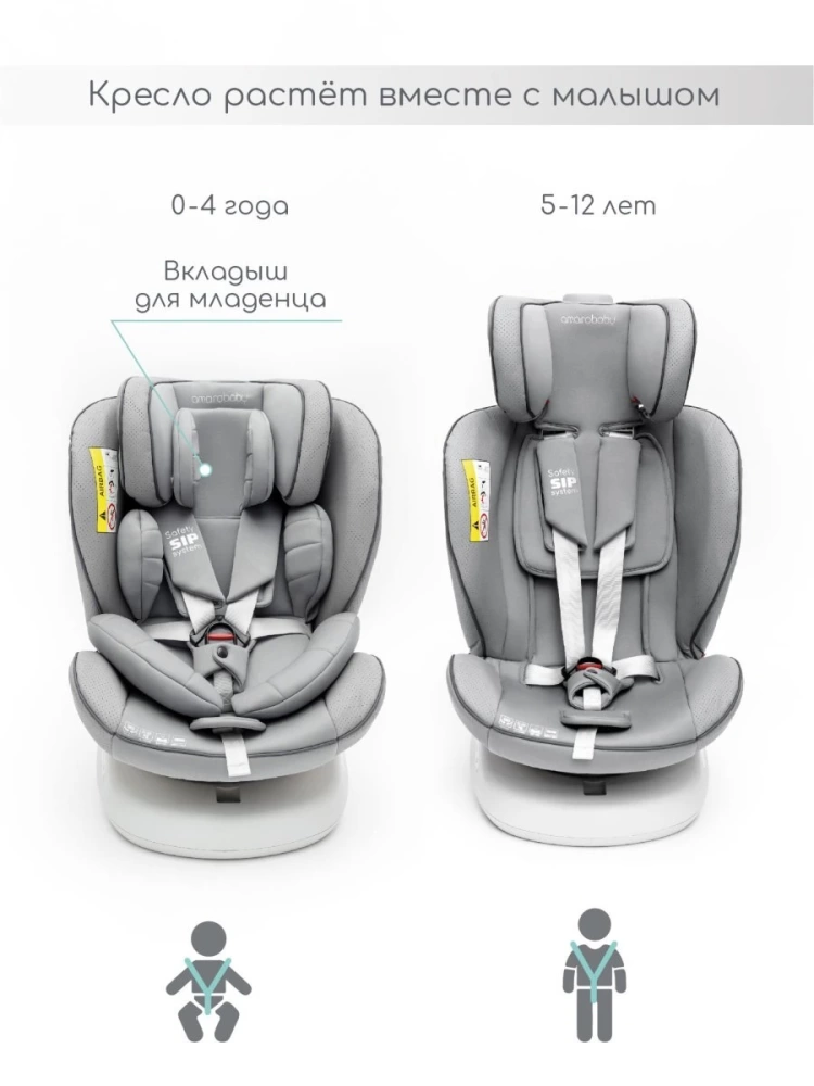 Автокресло детское AMAROBABY CHAMPION, Isofix класс D, группа 0+/1/2/3, (серый)